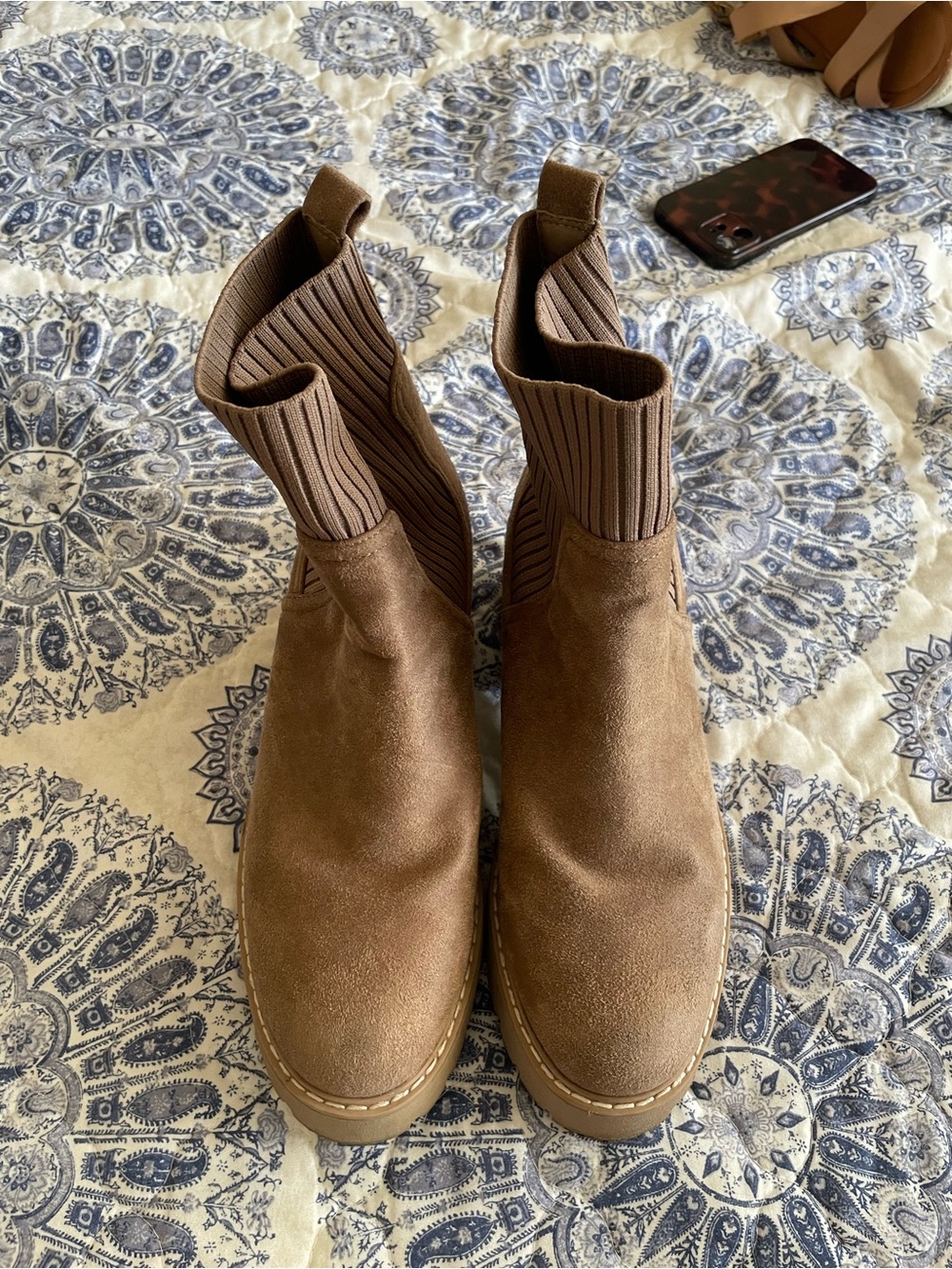Dolce Vita Tan Suede Ankle Booties with Ribbed Elastic Shaft